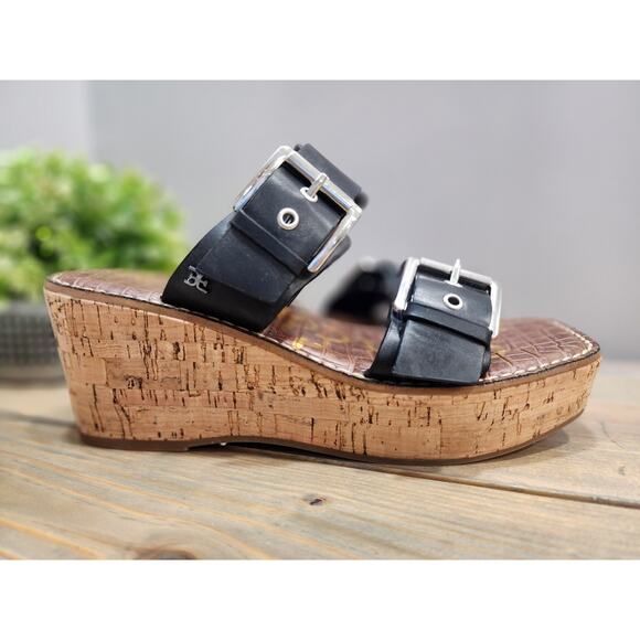 Sam Edelman Anna Sandals Size 7M Cork Platform Wedge Black Double Strap Buckle - Picture 1 of 7